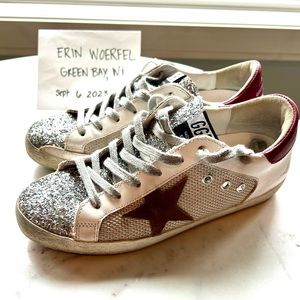 Golden Goose Superstars Camel Suede Star, Glitter With Red Heel Size sz 38